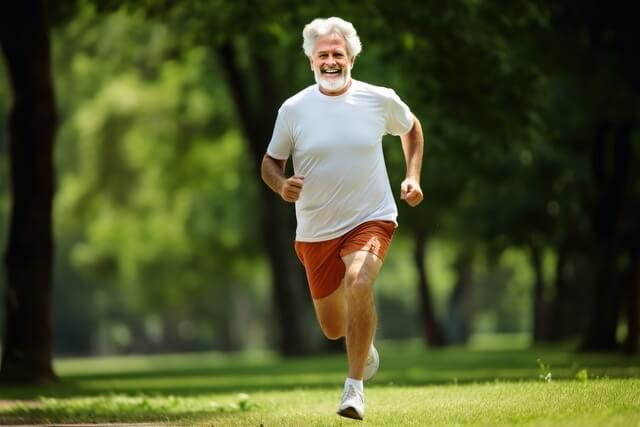 Man jogging outdoors, representing an active lifestyle and improved fitness following single-incision laparoscopic surgery (SILS).